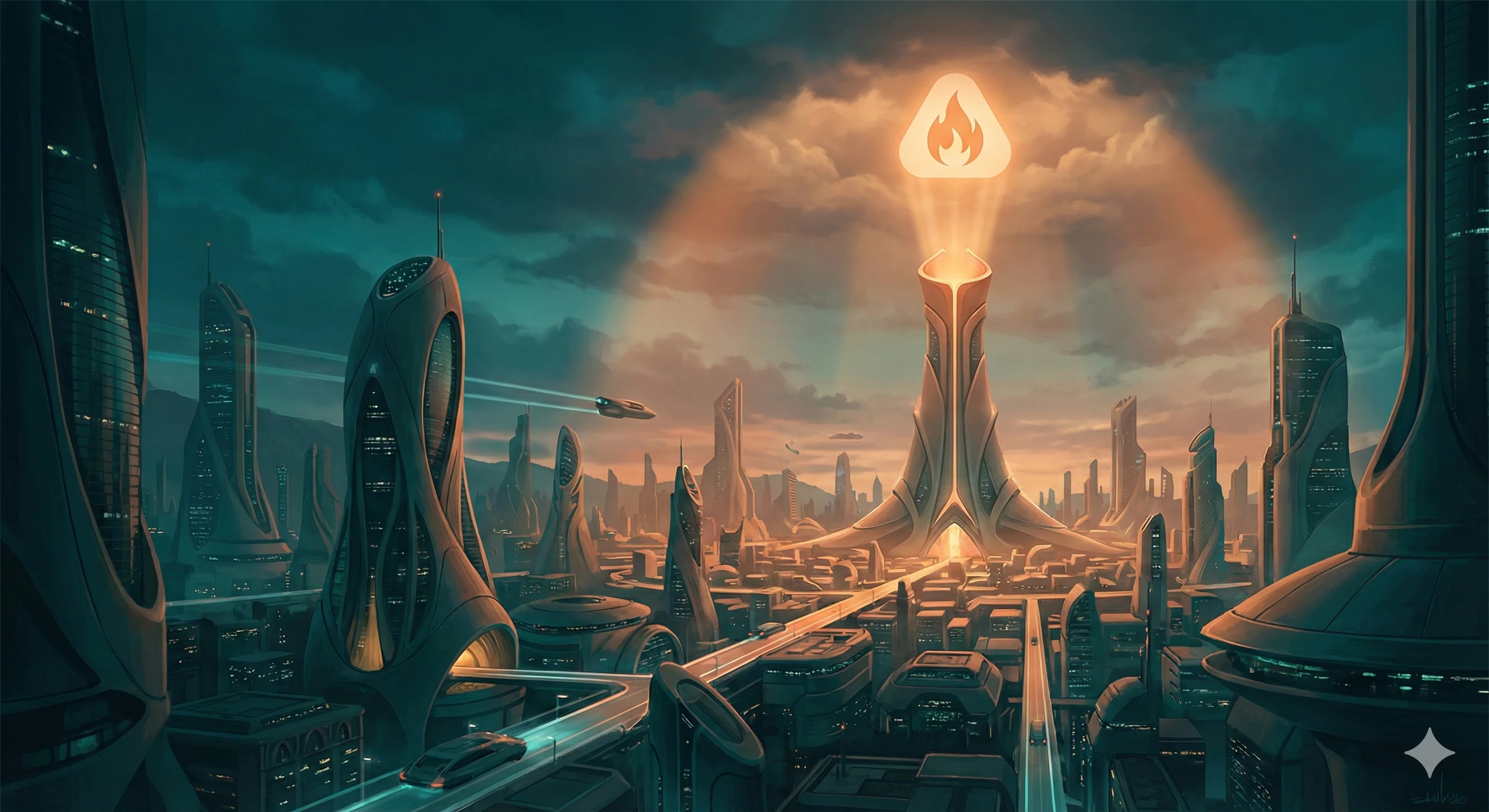Future metropolis illuminated by the Modus Promethean beacon