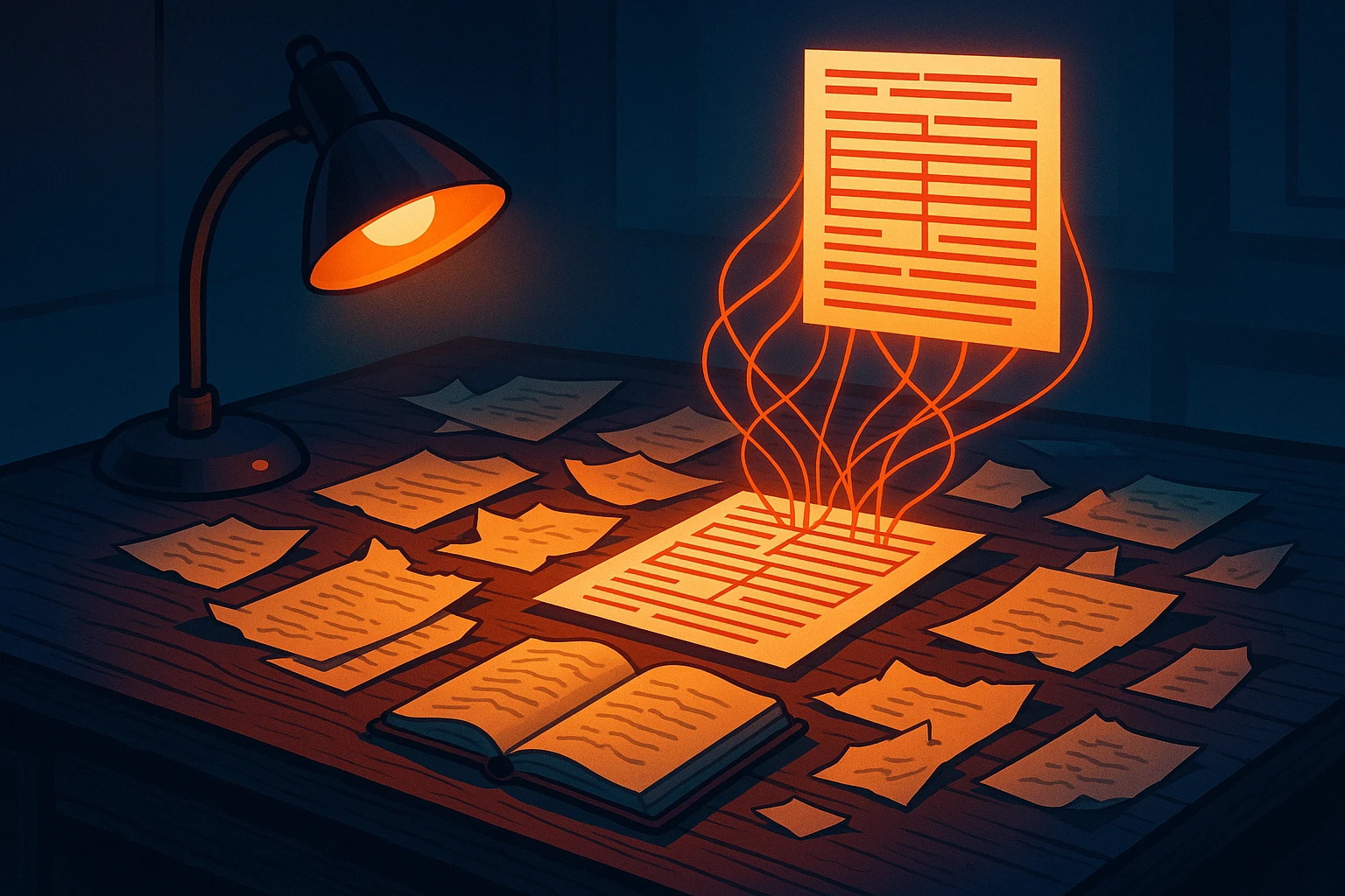 A cluttered desk of scattered handwritten notes under warm lamp light, glowing threads of light lifting from the pages and weaving into a single organized structured document
