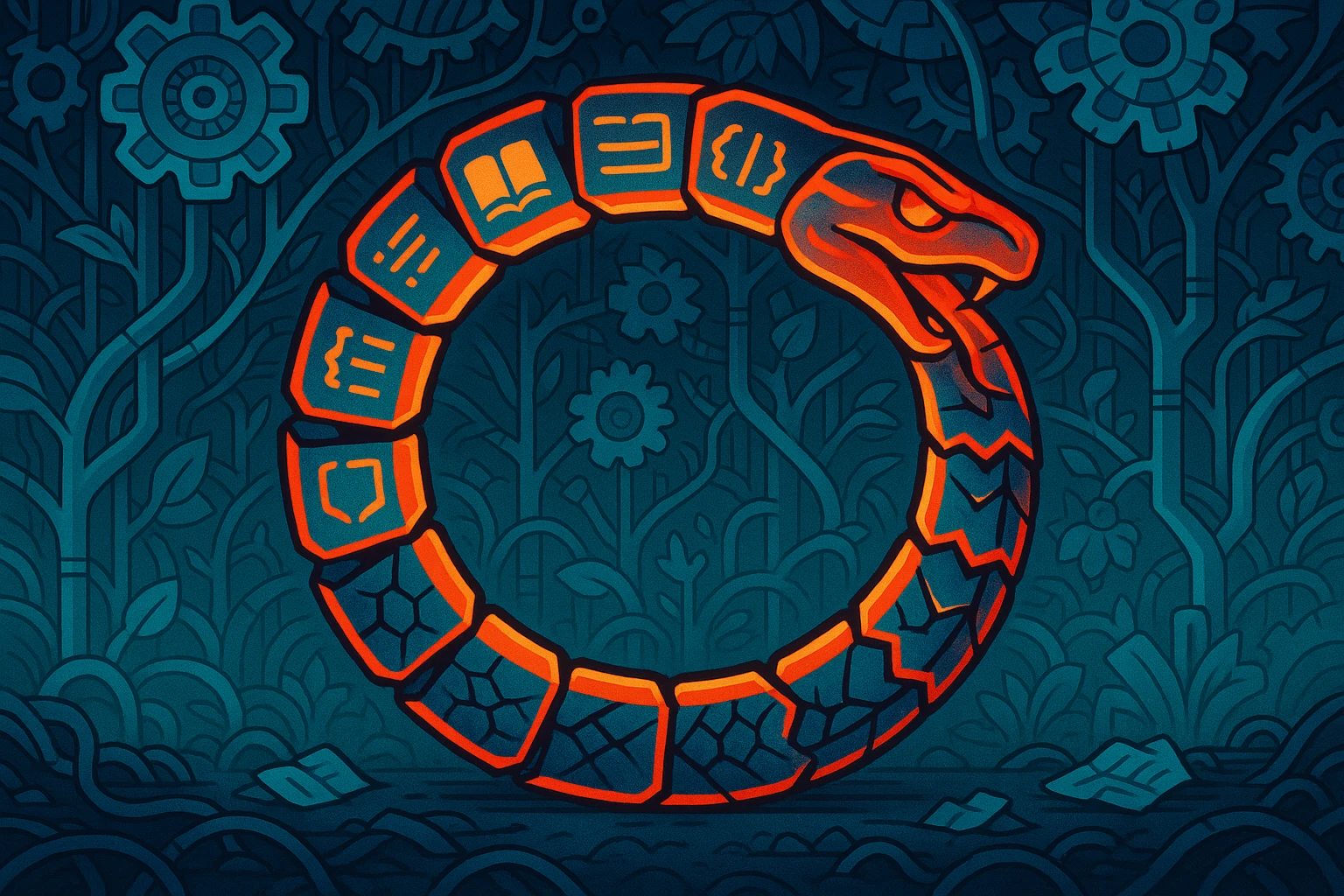 A glowing red-orange ouroboros serpent, its head positioned at the side of the ring rather than the top so it stays clear of the crop, its body made of interlocking segments etched with small glowing icons -- an open book, ruled template lines, code brackets -- coiled and biting its own tail, set against a dark teal jungle grown from gears and circuit-trace vines