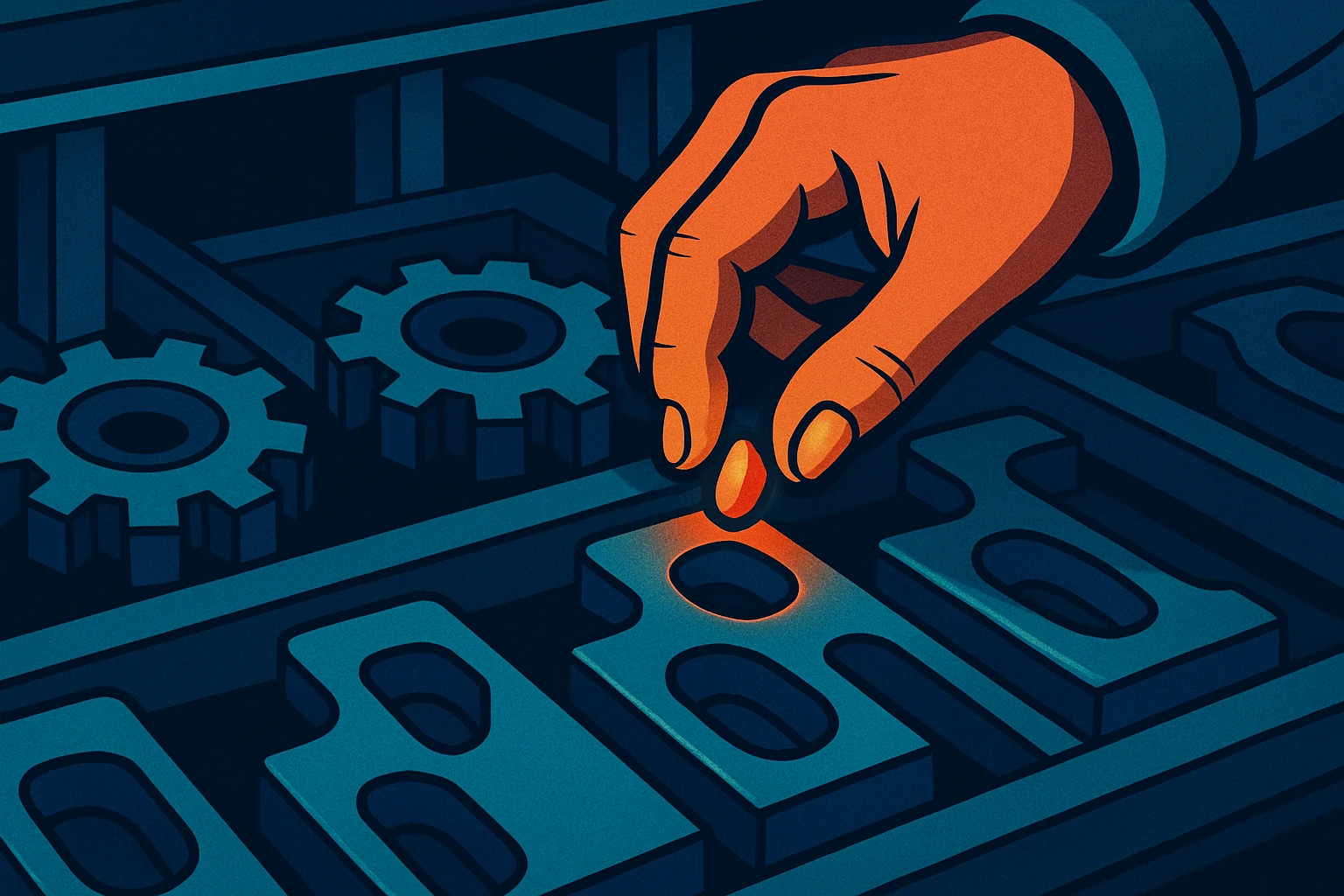 A hand placing a single glowing red-orange seed into an otherwise cool blue mechanical template assembly, the seed the only warm color source in the frame