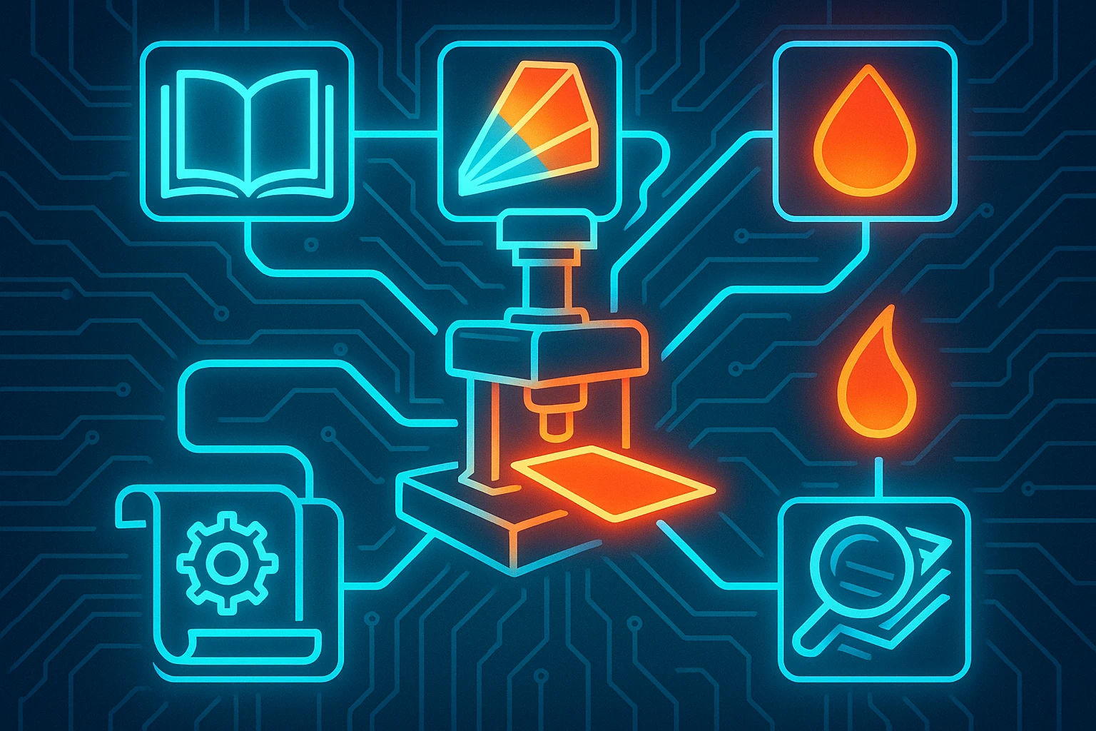 A wordless glowing workflow diagram: an open book, a color-prism, a gear-stamped scroll, a magnifying glass over papers, and a warm ember all feed converging light-conduits into a central stamping press, which ejects one finished glowing document card