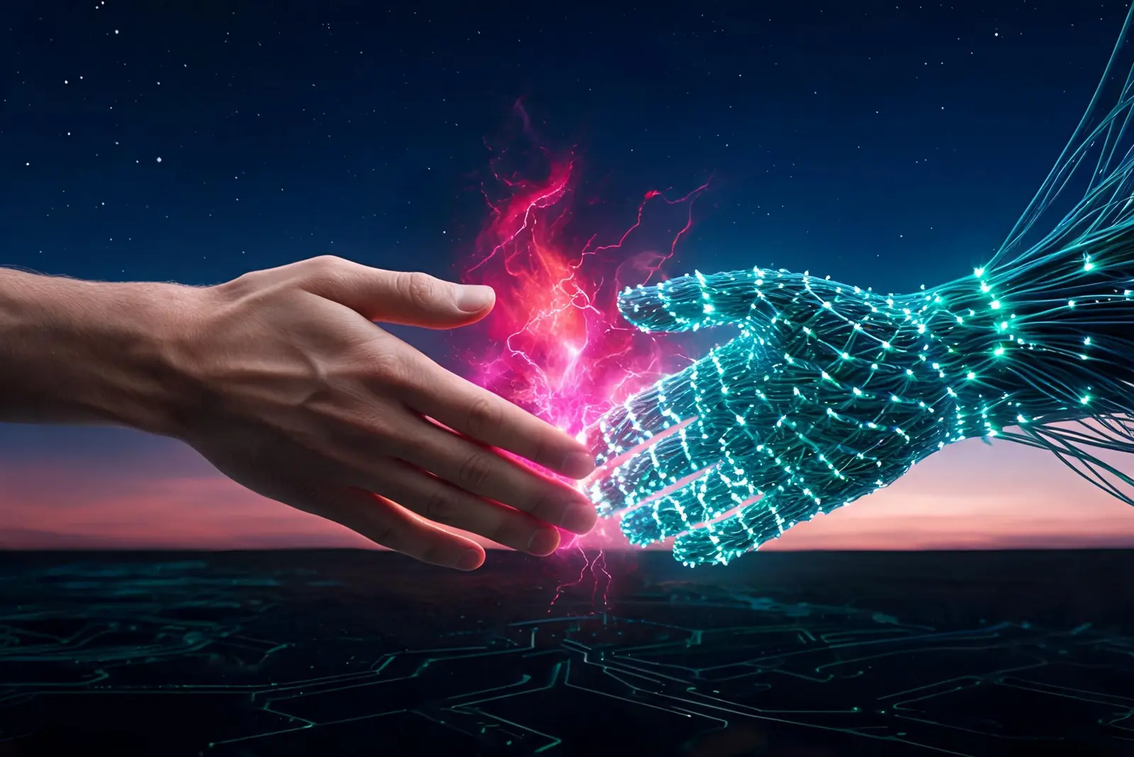 A human hand and a fiber-optic hand shaking, a flame between them