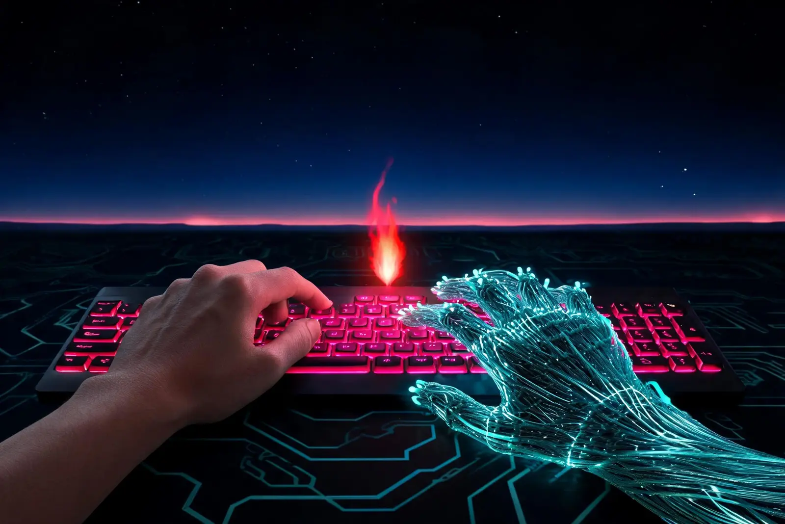 A human hand and a fiber-optic hand at a glowing keyboard