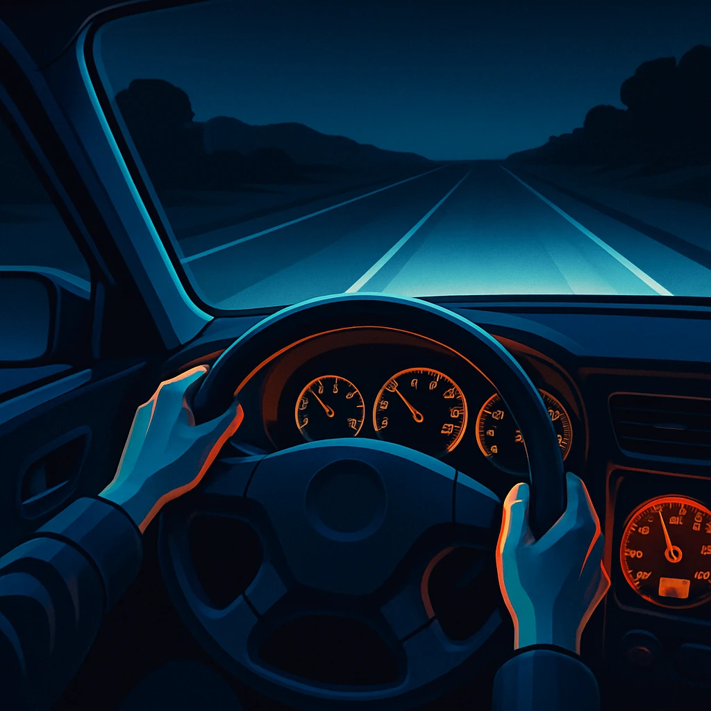 A driver's hands on the wheel at night, dashboard instruments glowing with a faint unnatural precision, the road ahead dark