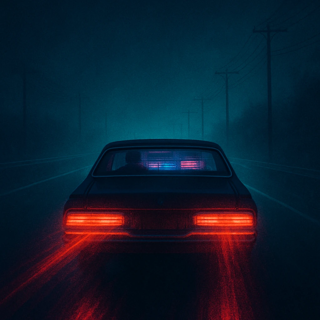 A single car on a dark highway at night, tail lights streaking, a faint corrupted glow flickering in the dashboard instruments