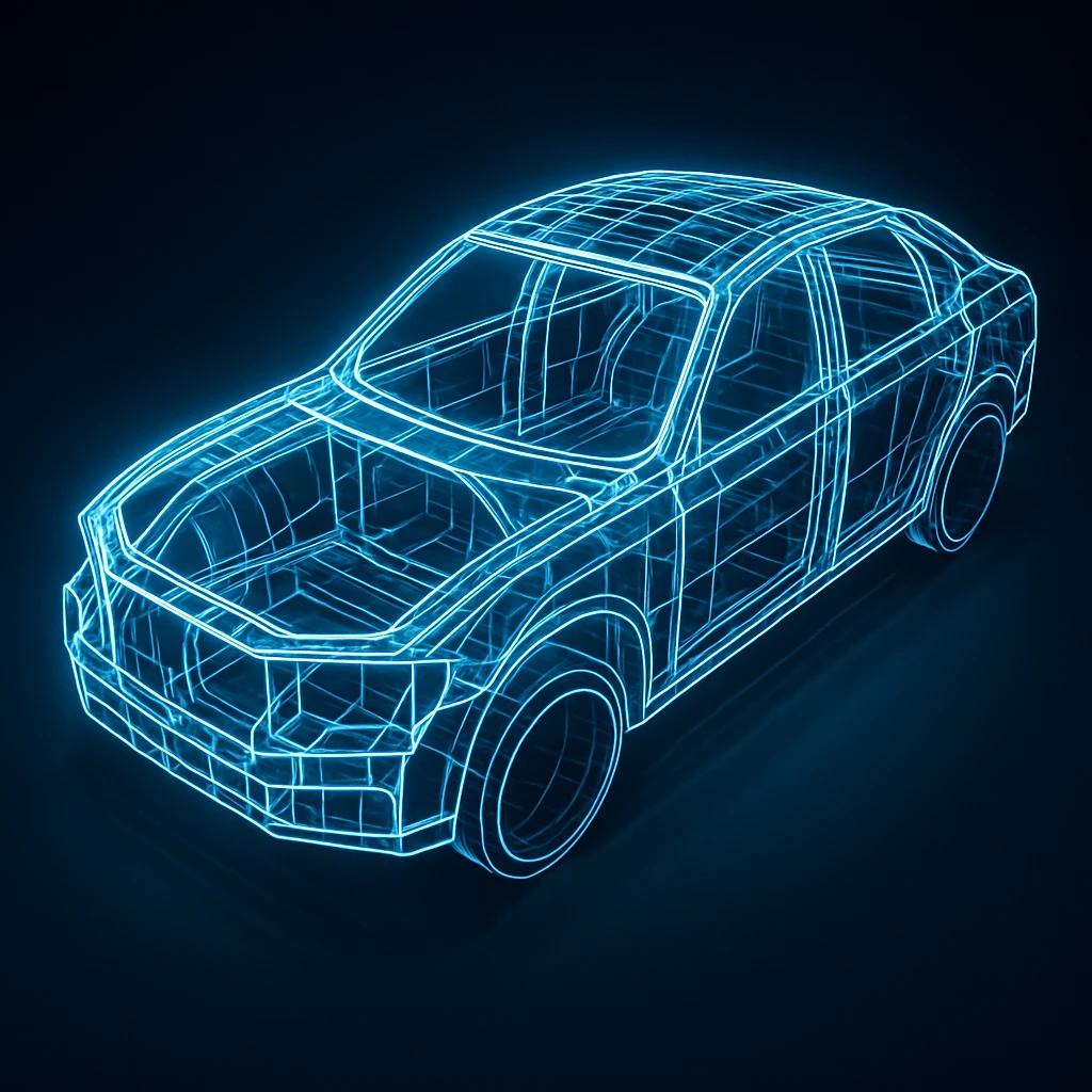 An abstract glowing wireframe mesh in the shape of a car chassis, crisp precise lines suggesting the software skeleton beneath the metal