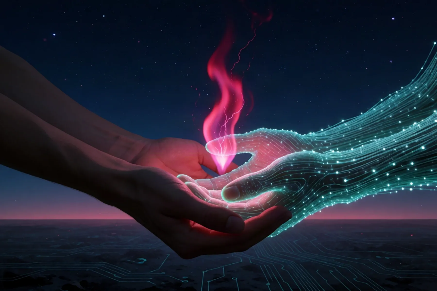 A human hand and a hand woven from teal fiber optics meeting around a crimson flame