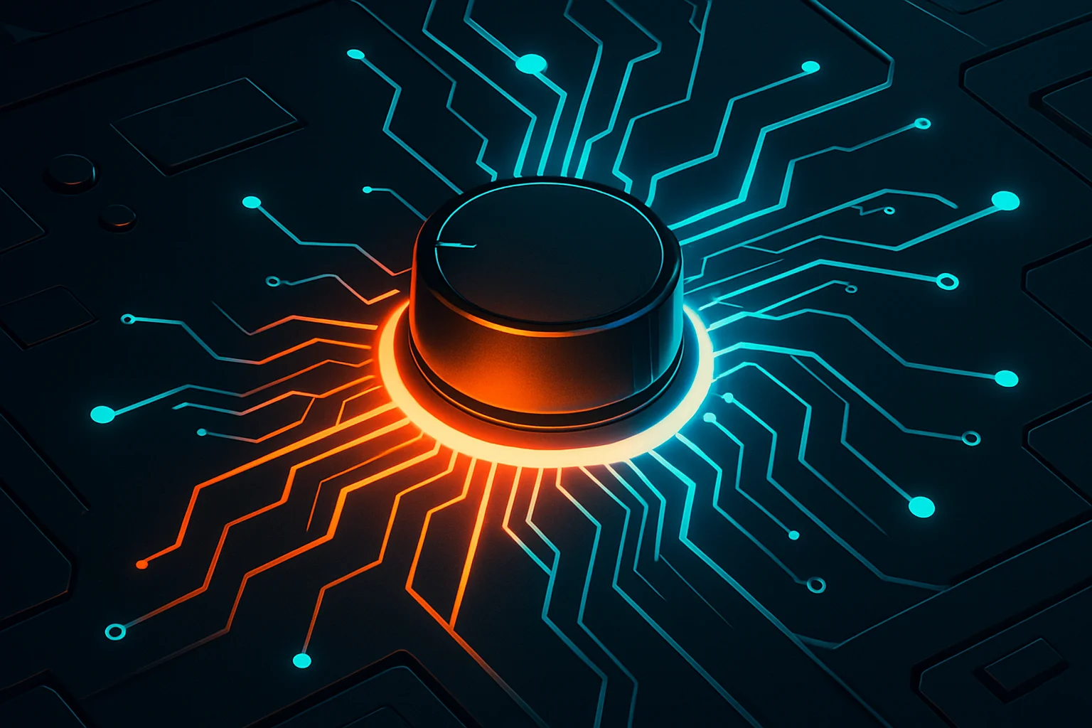 A single glowing dial on a control panel, its light branching outward into an intricate structure that reconfigures itself without any wires being touched