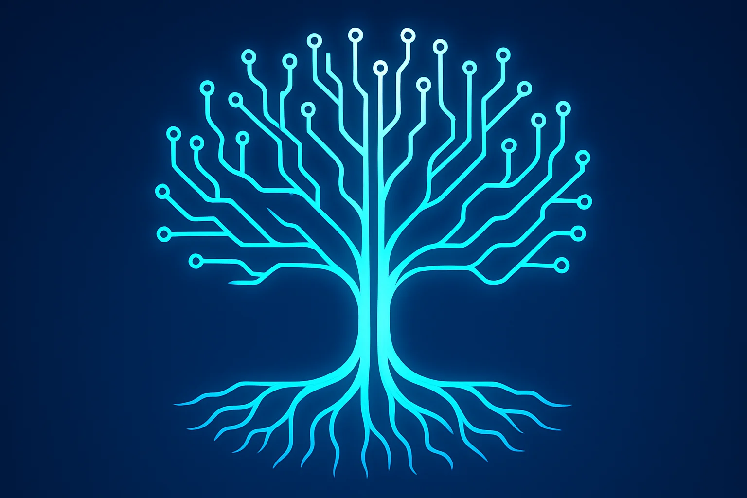 A glowing branching tree structure where organic root-and-branch forms merge into circuit-board traces, deep blue background, crisp high-contrast lines