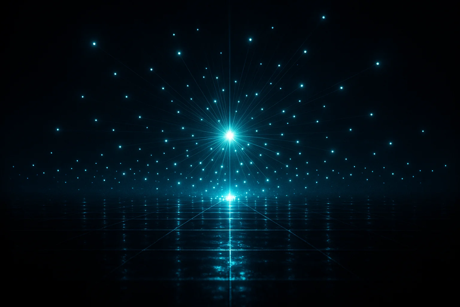 A single glowing point of light splitting into many smaller lights that spread outward across a dark grid, each new light as bright as the source