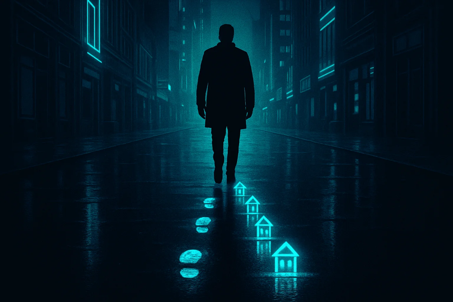 Footprints made of light fading behind a walking figure, each footprint slowly transforming into a small glowing structure that remains standing after the figure has moved on