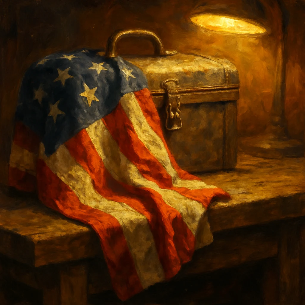 Heroic Oil style still life of an American flag draped over a worn toolbox on a wooden workbench, Labor Day tribute art