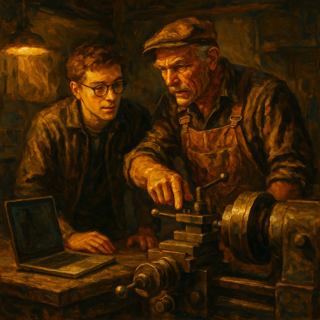Heroic Oil style AI painting of an old-guard machinist teaching a young programmer at a workbench with a laptop nearby