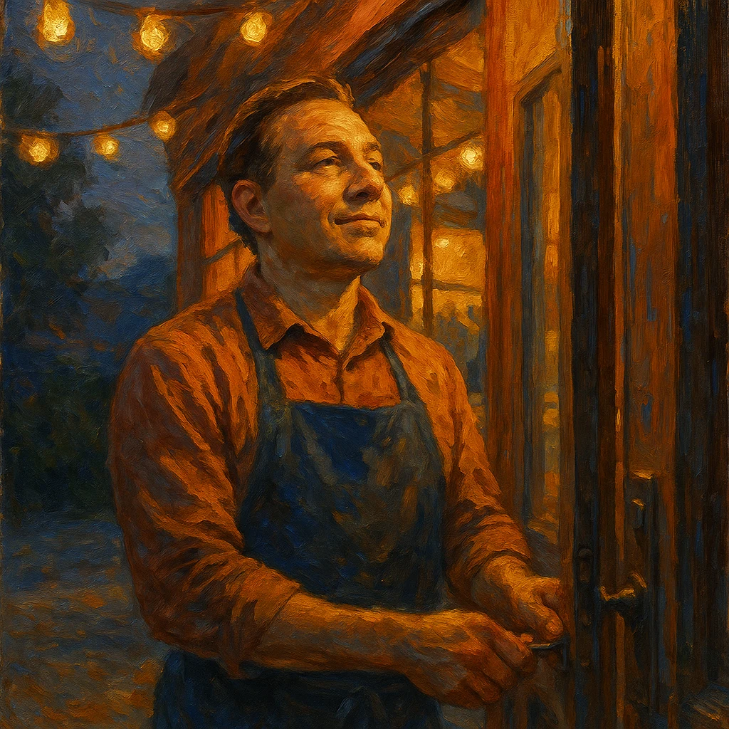 Heroic Oil AI illustration of a small business owner locking up their shop at dusk after a Labor Day sale