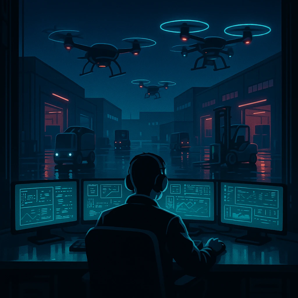 Neon Noir AI art of an operator overseeing automated delivery drones and warehouse robots from a control desk at night