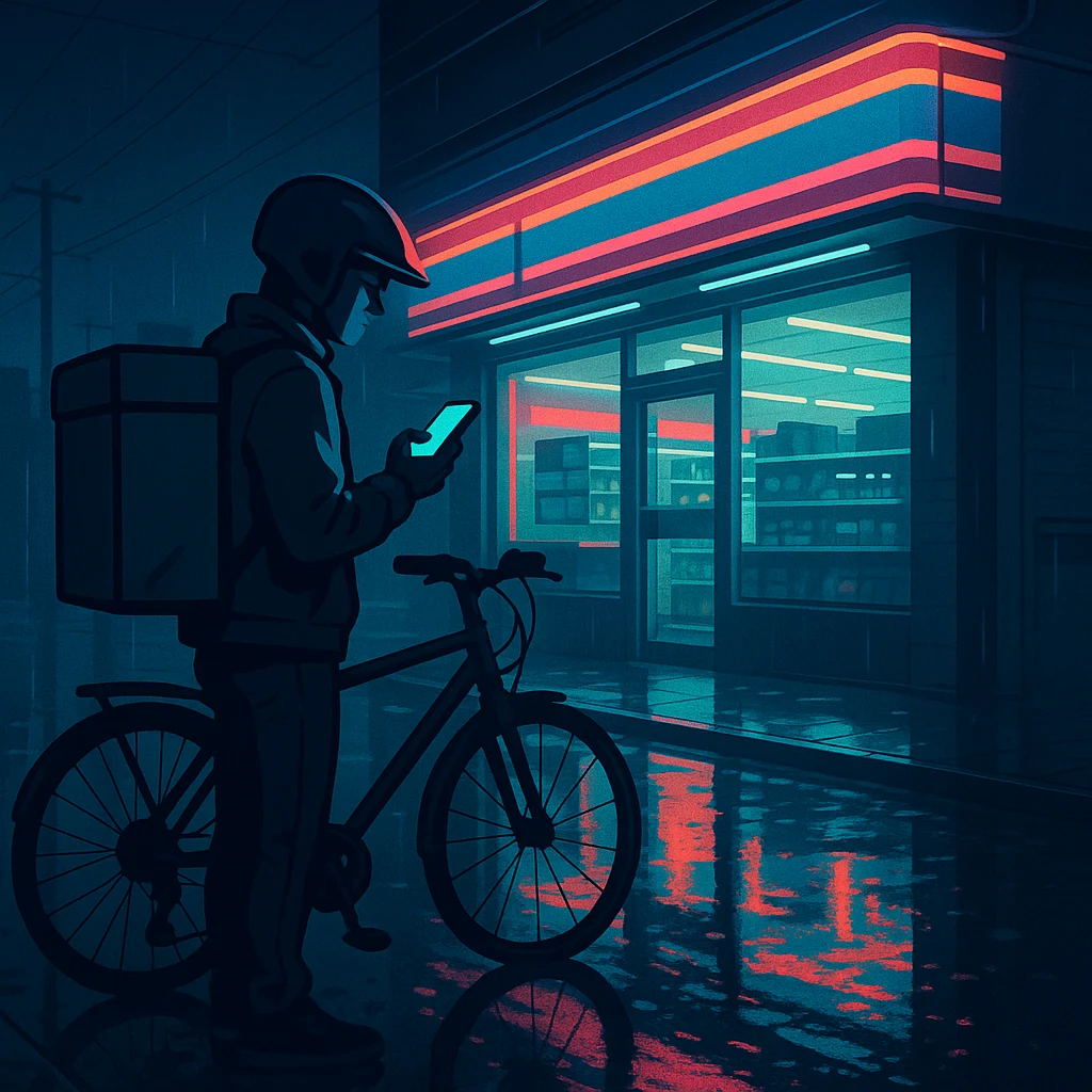 Neon Noir illustration of a gig economy delivery driver checking a phone app under a neon storefront sign at night
