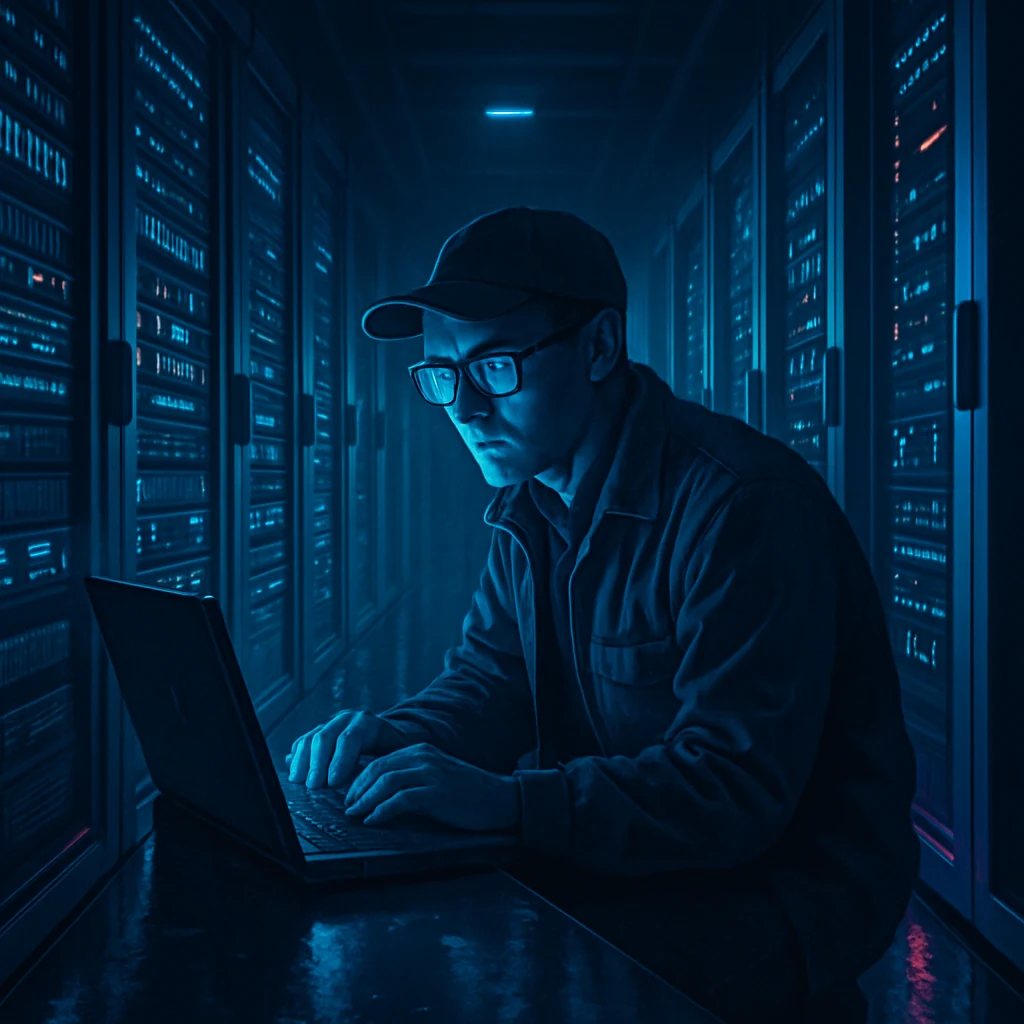 Neon Noir AI illustration of a technician working alone overnight in a data center server room
