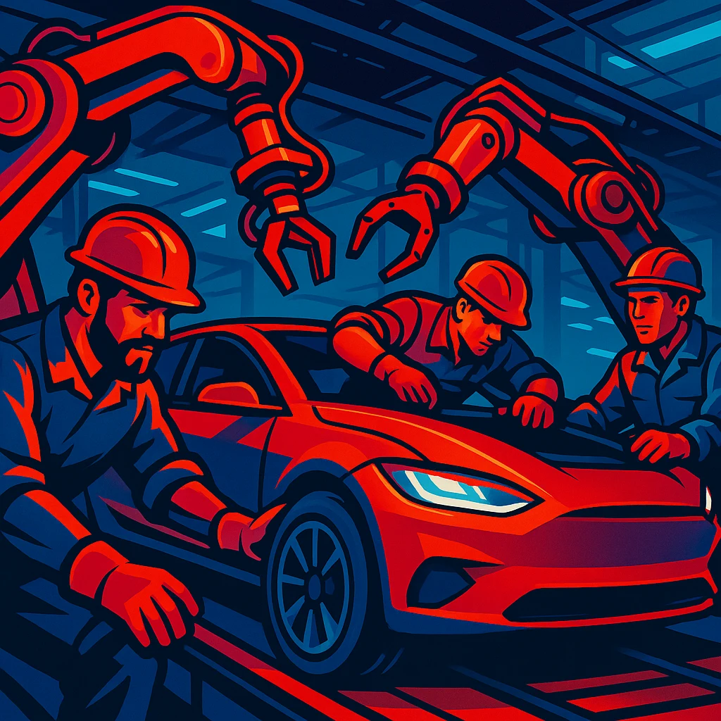 Vivid Edge AI illustration of workers and robotic arms collaborating on an electric vehicle assembly line