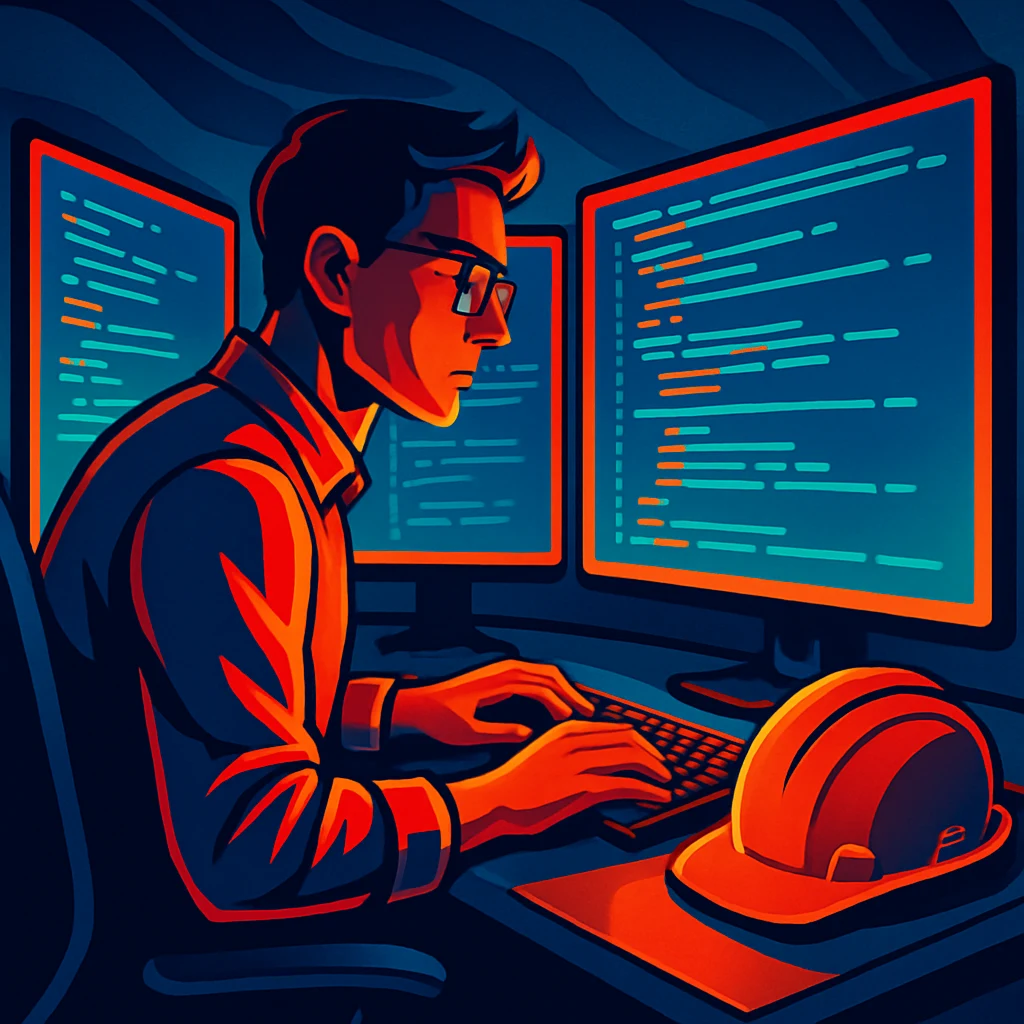 AI art of a software engineer working late at a multi-monitor desk with a hard hat nearby, symbolizing digital-age labor, Vivid Edge illustration