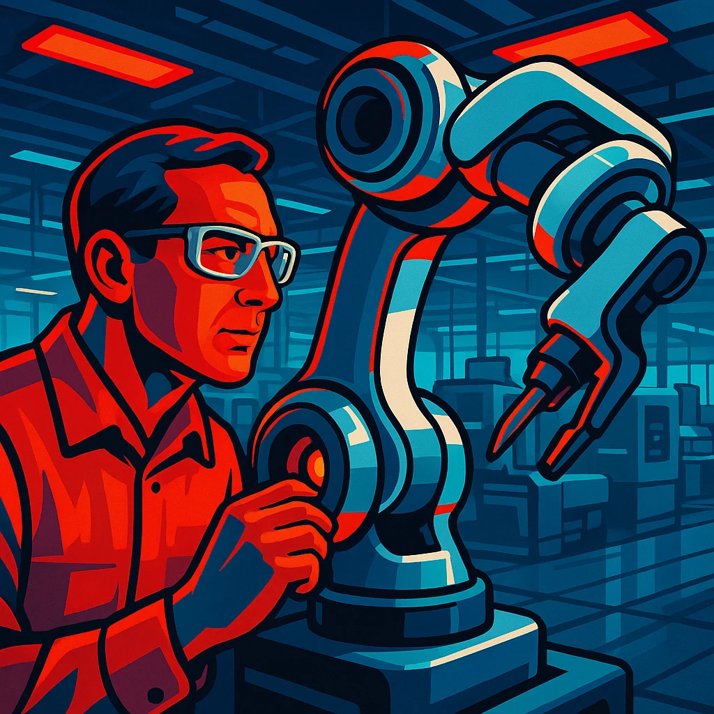 AI generated Labor Day illustration of an engineer inspecting a robotic arm in a modern fabrication shop, Vivid Edge style