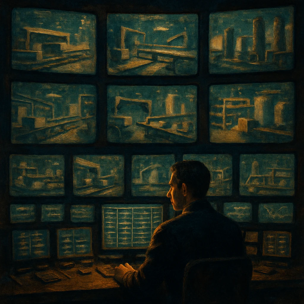 A control room perspective: screens showing running processes, a single figure monitoring the outputs — architect, not operator