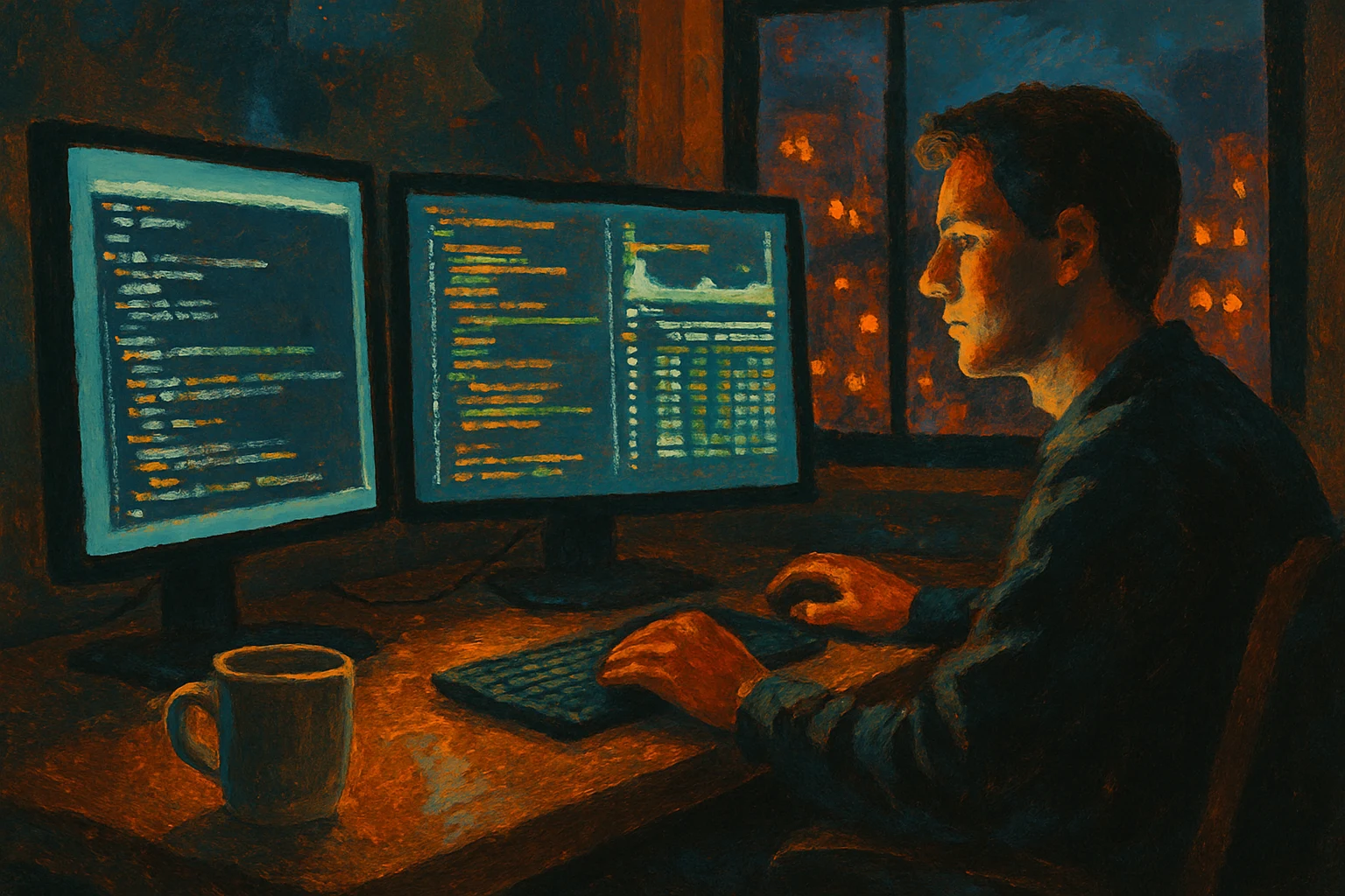 A developer's desk at night — multiple terminal windows open, processes running, the glow of systems in motion