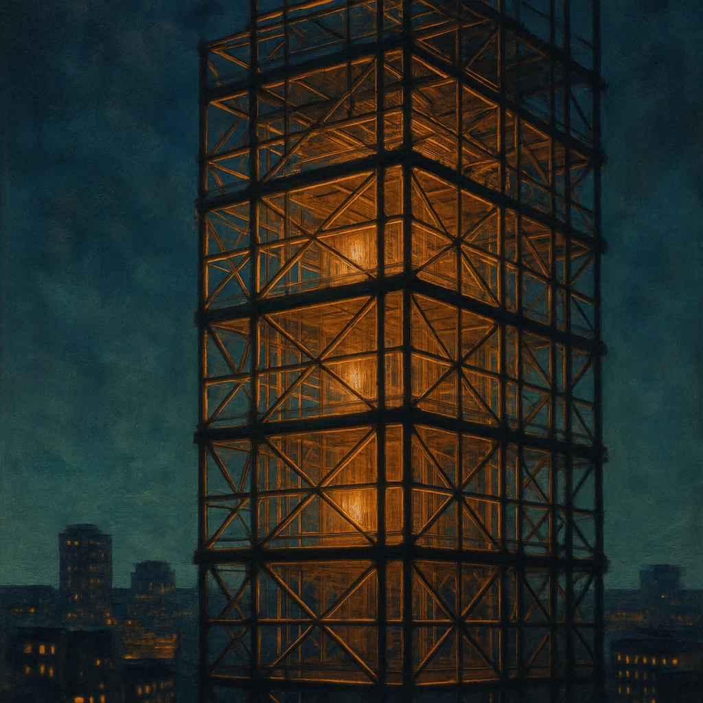 Scaffolding on a building under construction at night — neon-lit frame, the structure that makes the work possible