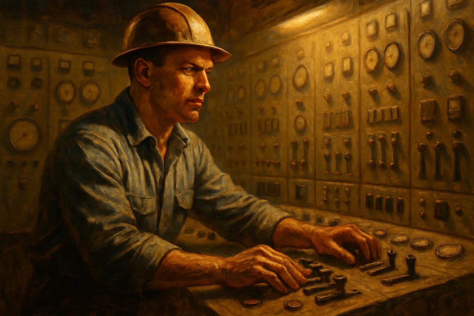 An engineer at a control panel, hands moving deliberately, maintaining clear authority over the systems around him