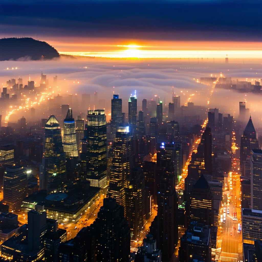 City skyline at night under a dense orange-brown haze layer