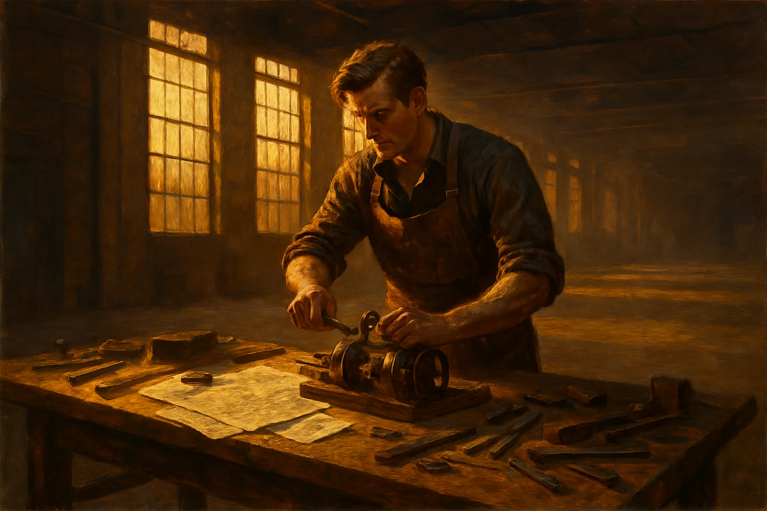A lone builder at a workbench in a vast industrial space, tools spread around him, golden light, clearly making something from nothing