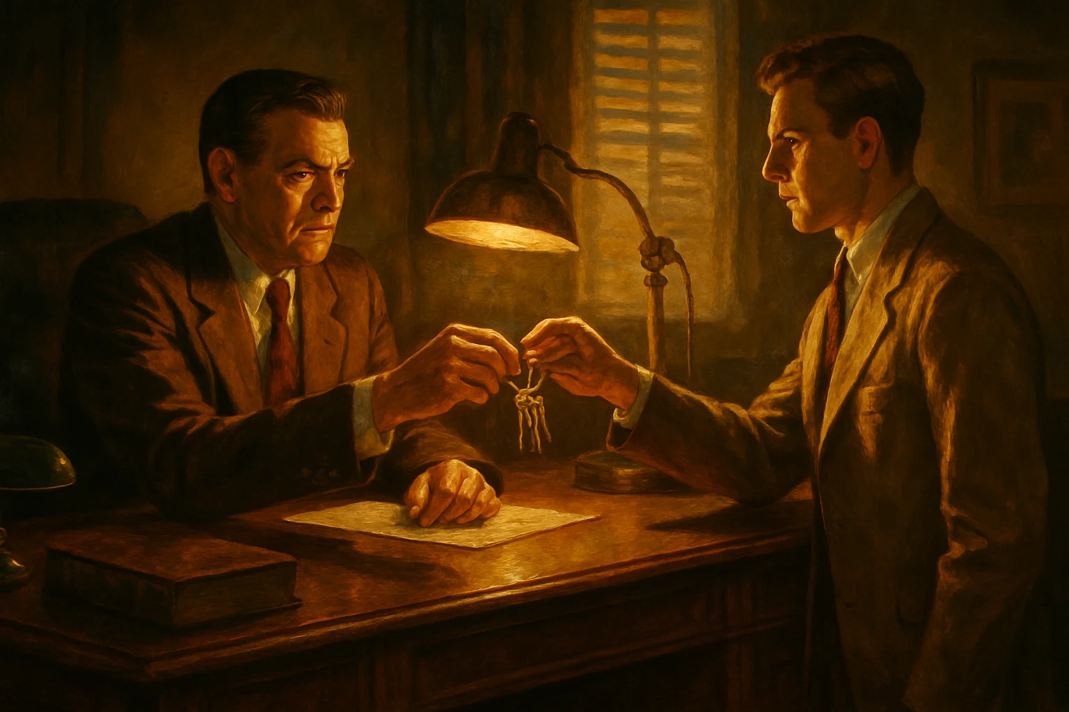 A 1950s office manager handing a key ring to a new employee across a wooden desk, expression measured and deliberate, warm lamp light, painterly Americana style