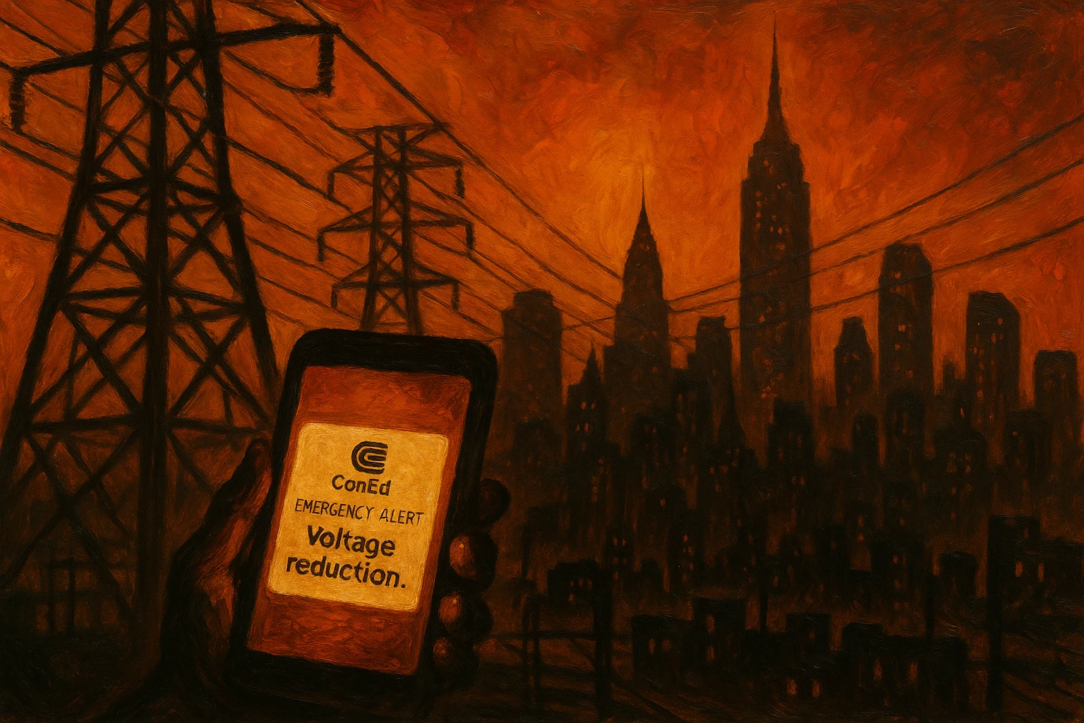 NYC skyline at night under orange haze, power lines in foreground, phone screen showing ConEd alert