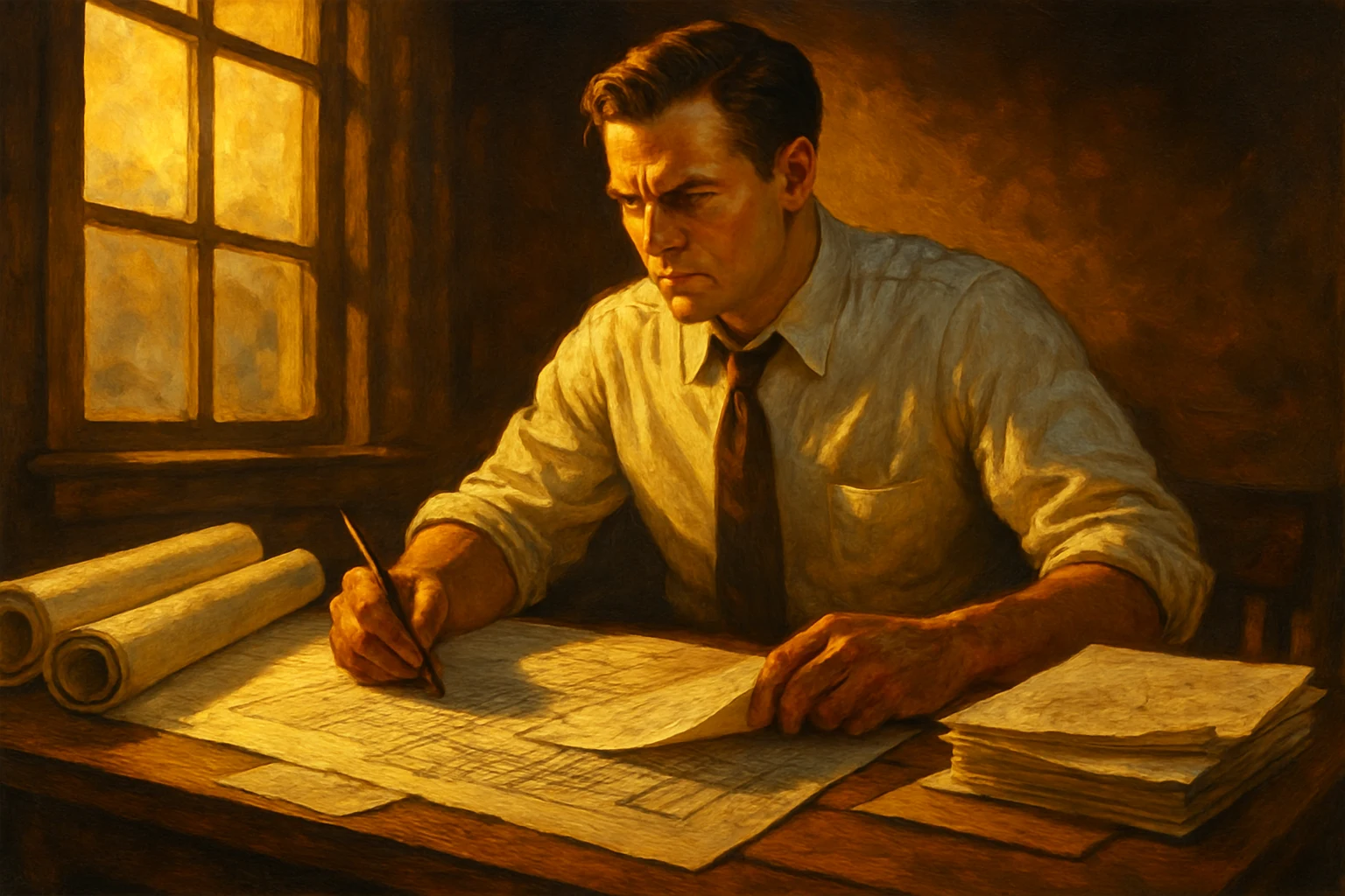 An architect at a drafting table, blueprints spread before him — some marked for public record, others kept close, a studied deliberateness in what goes where