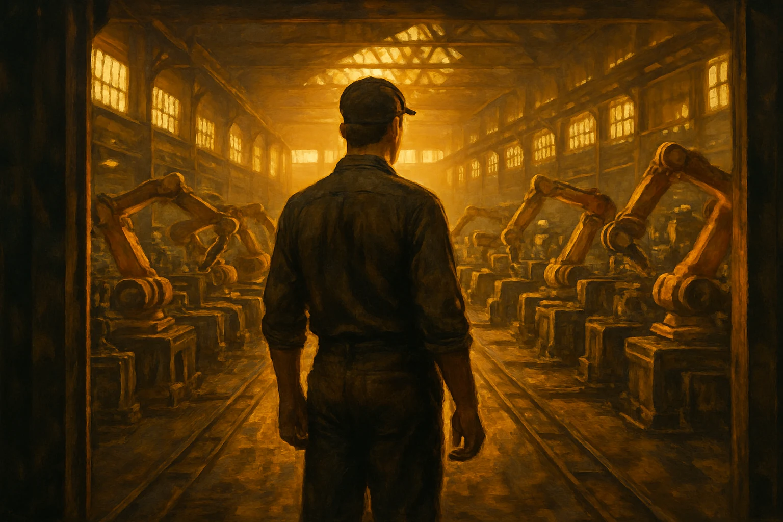 A worker at the edge of a vast automated factory floor, looking out at the transformation ahead, lit by golden industrial light