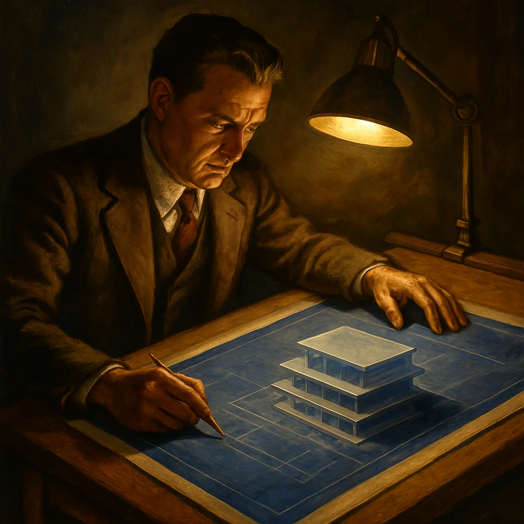 An architect studying a blueprint of a building with four distinct stacked floors, warm desk lamp light
