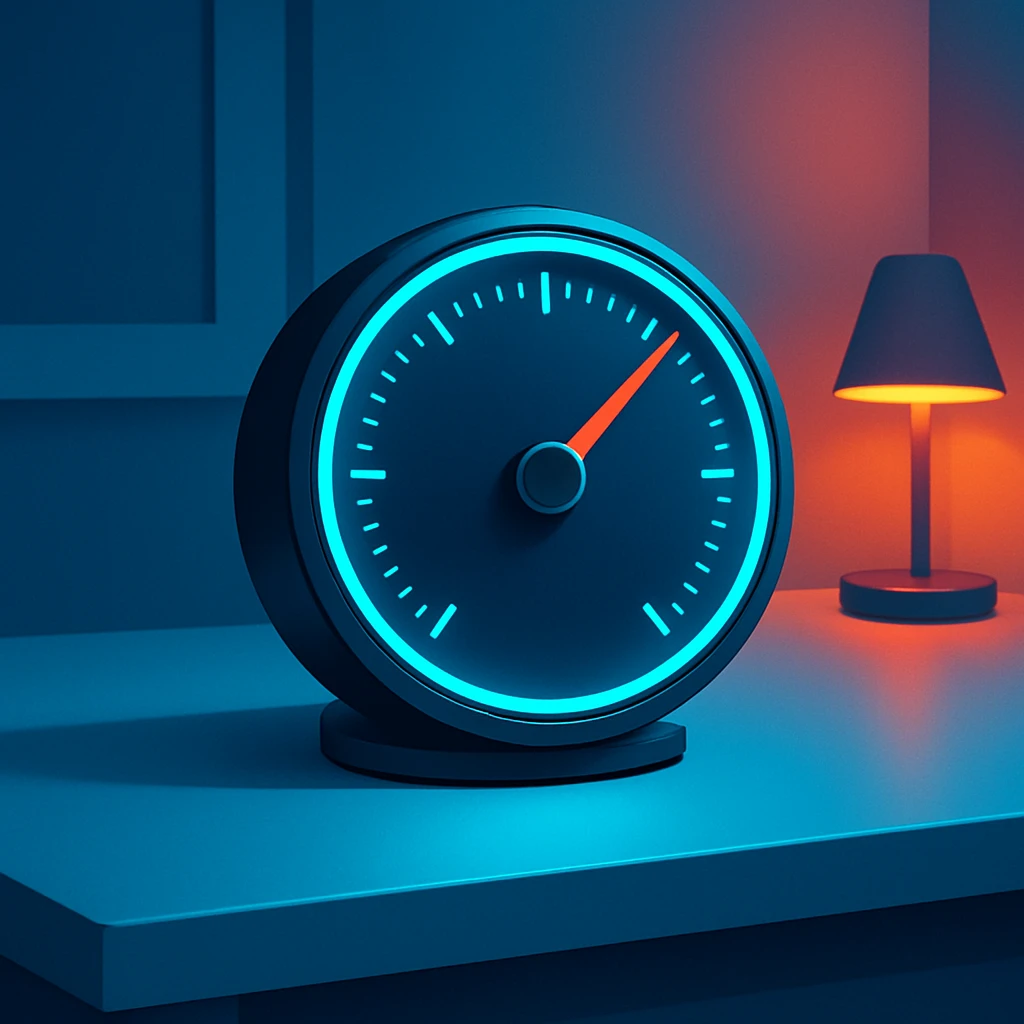 A single crisp glowing dial at rest on a clean modern desk, calm confident composition