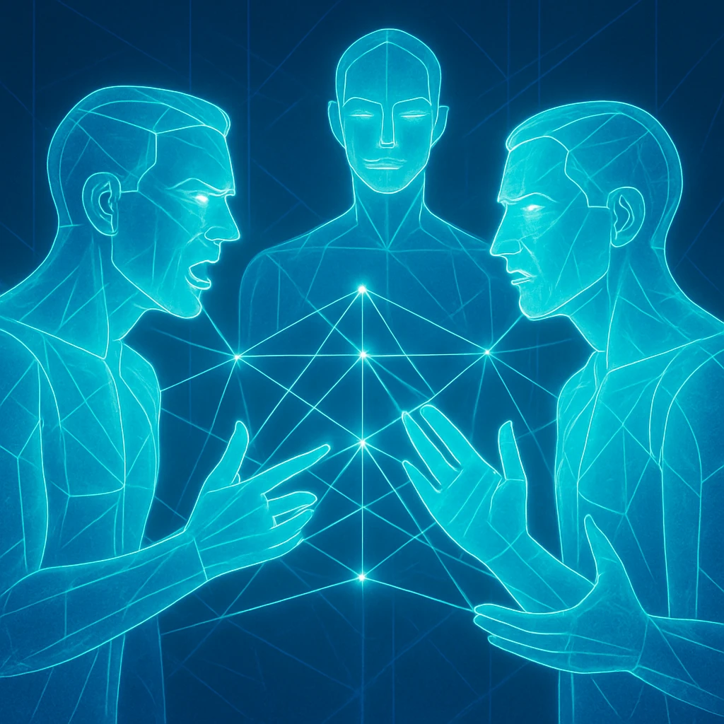 Two glowing translucent humanoid constructs facing each other in debate, a third calmer construct standing behind synthesizing the exchange