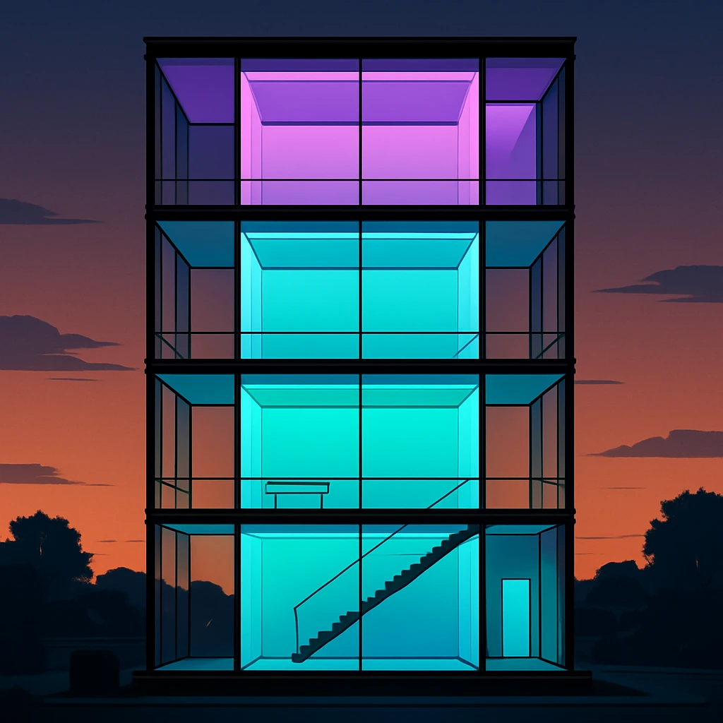 A crisp architectural cross-section of a four-story glass tower at dusk, each floor glowing a distinct cool color