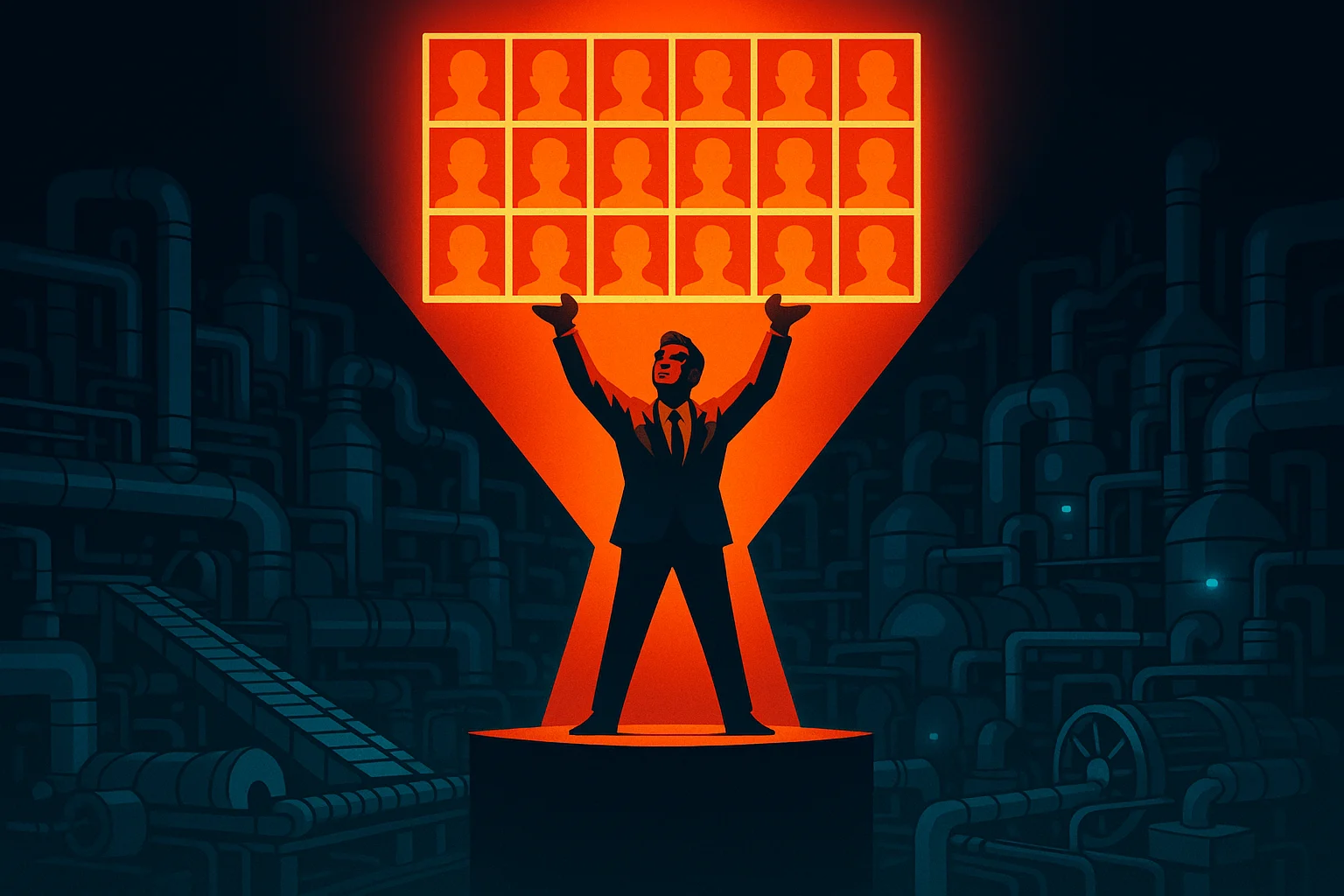 A figure in a spotlight holding up a grid of identical glowing blank portrait tiles like a trophy, while behind them in the dark an actual industrial plant runs unattended