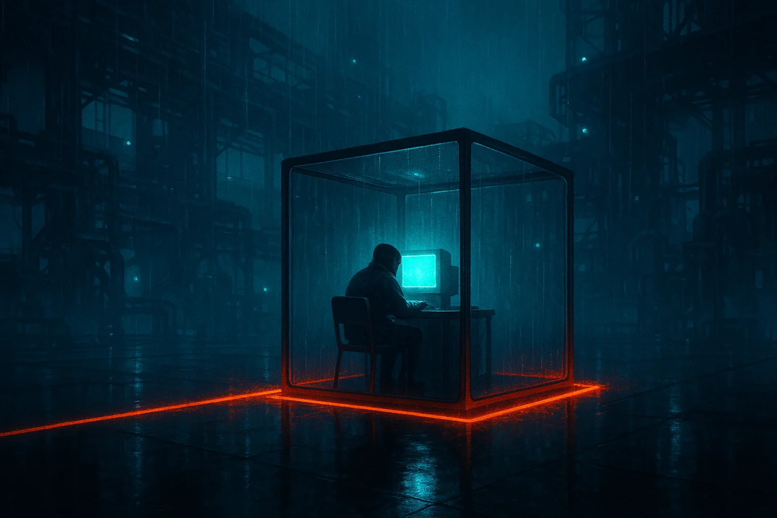 A single figure at a terminal inside a glass containment cell, the boundary of its reach marked by a bright line on a wet floor, the rest of the dark facility stretching away beyond it