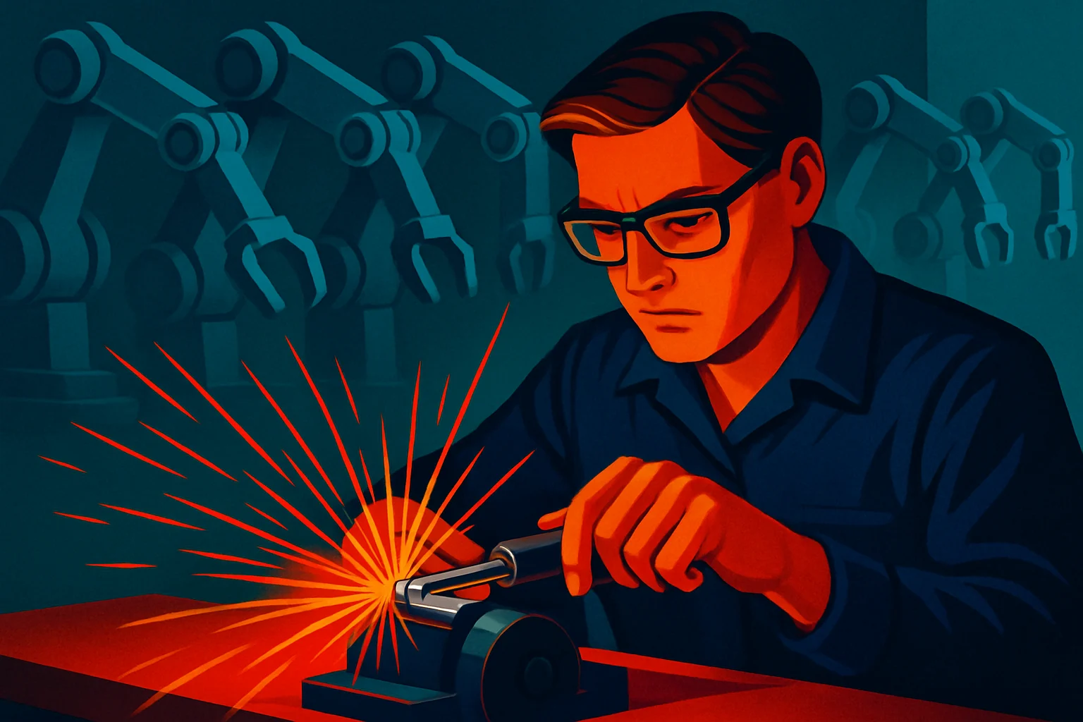 An engineer at a workbench machining a precision tool by hand, while in the background a row of robotic arms wait with open grippers to receive it