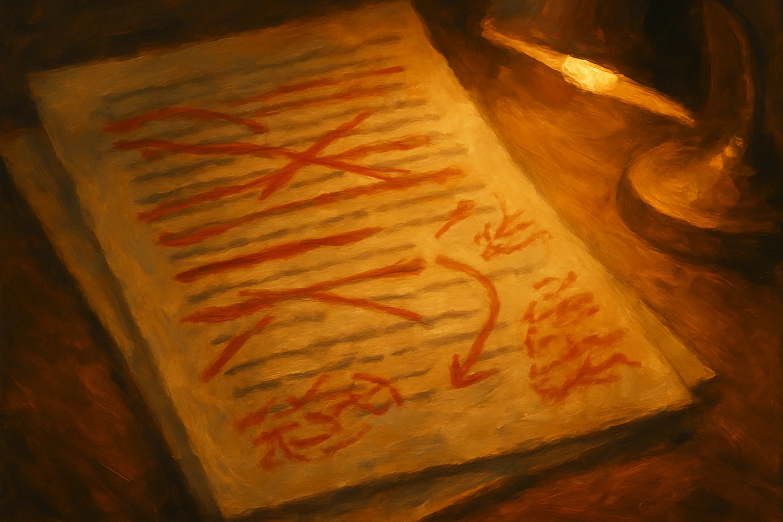 Close-up of a page with heavy red pen marks, crossed-out lines, marginal notes, the evidence of real editorial attention