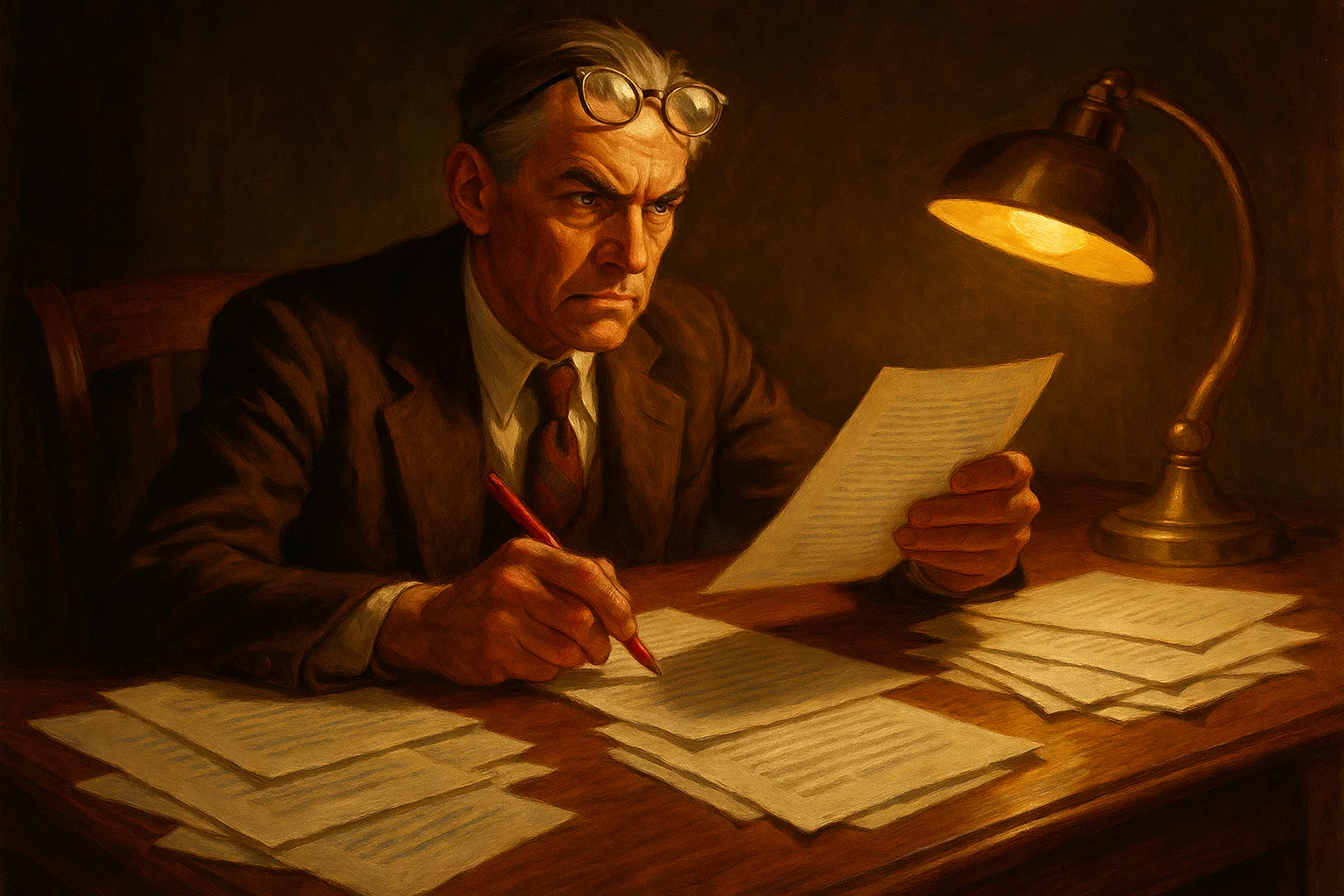 A sharp-eyed editor at a large desk covered in marked-up pages, red pen in hand, golden desk-lamp light, the look of someone who will not let bad work through