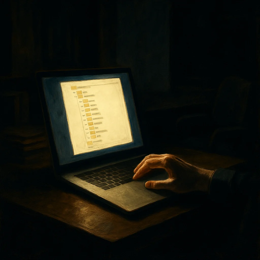 A laptop screen glowing in a dim office at night, a folder tree open, a single cursor hovering over a file it shouldn't be able to see