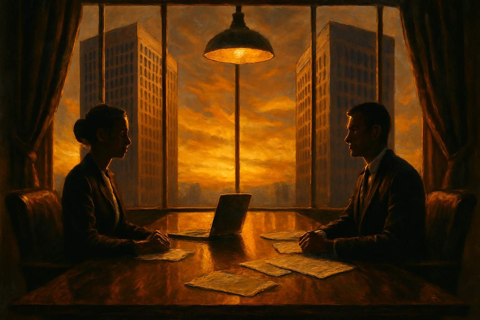 Two corporate towers facing off across a boardroom table at dusk, papers and a laptop between them, tense golden light, painterly Americana style
