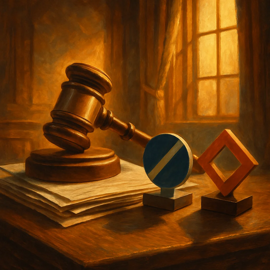 A courtroom gavel resting on a stack of legal documents beside two competing corporate emblems, warm golden-hour light through a tall courtroom window