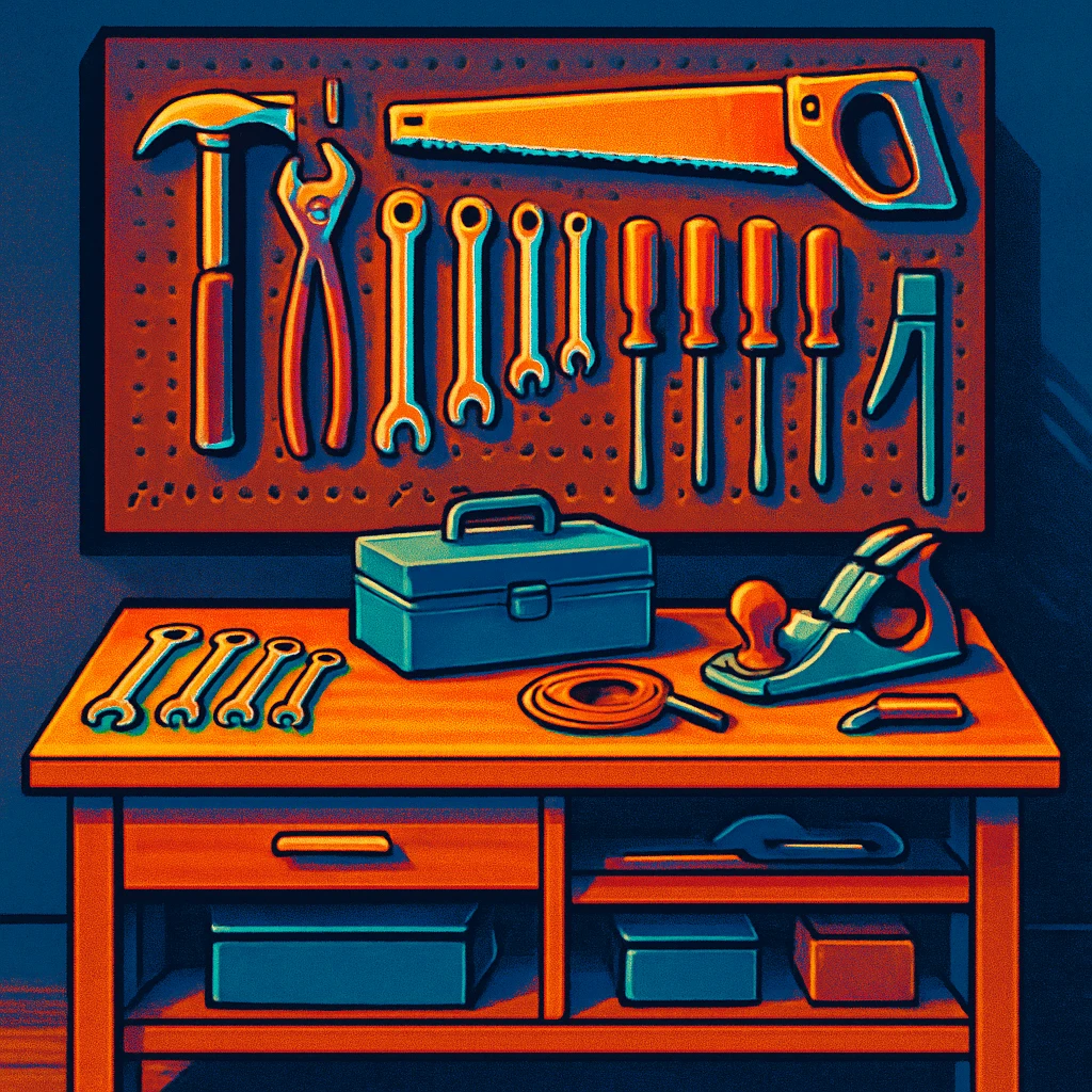 A single clean modern toolbench with precisely organized tools glowing softly