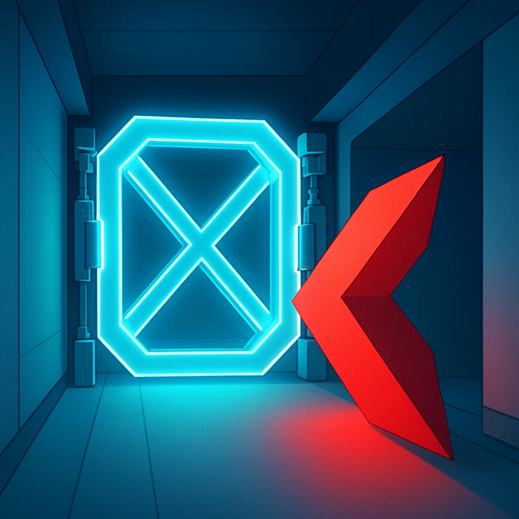 A glowing translucent geometric gate mechanically blocking an angular red shape from passing through a clean architectural corridor