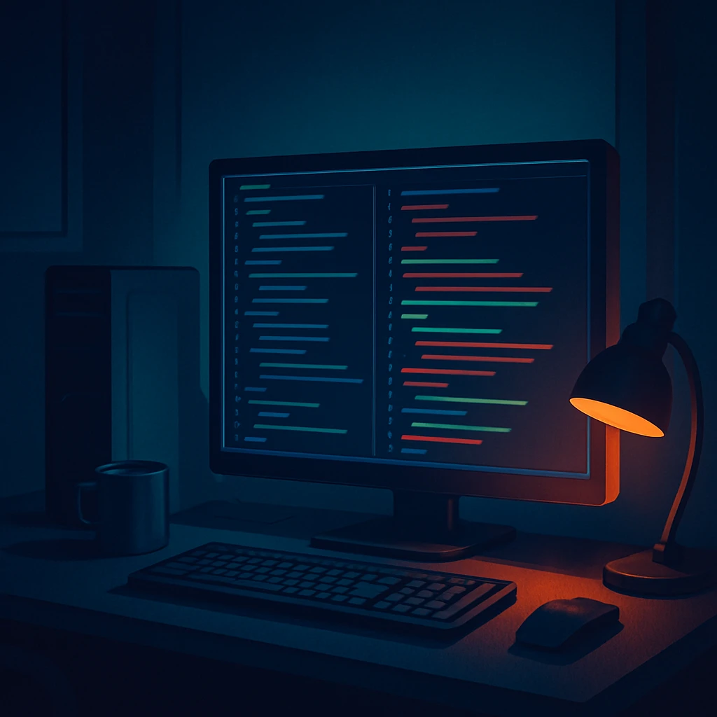 A late-night workstation glowing with a code diff on screen, red and green highlighted lines, deep blue-teal ambient room light