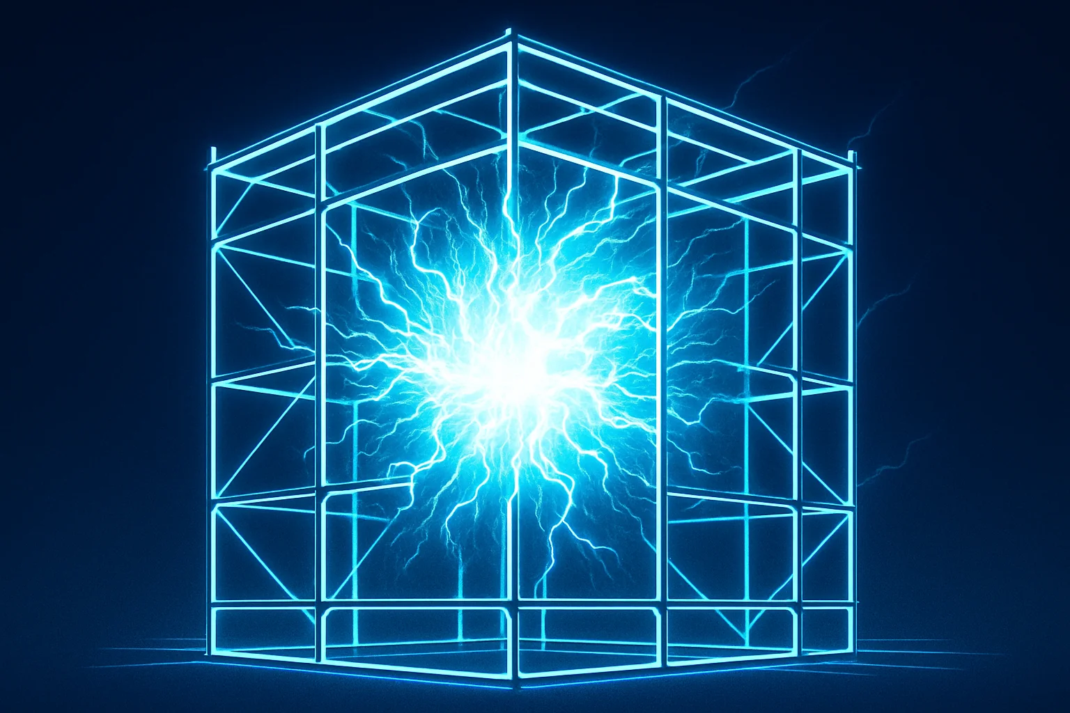 A translucent glowing scaffold structure supporting a bright core of light, geometric supports visible at every level, deep blue background, crisp high-contrast lines
